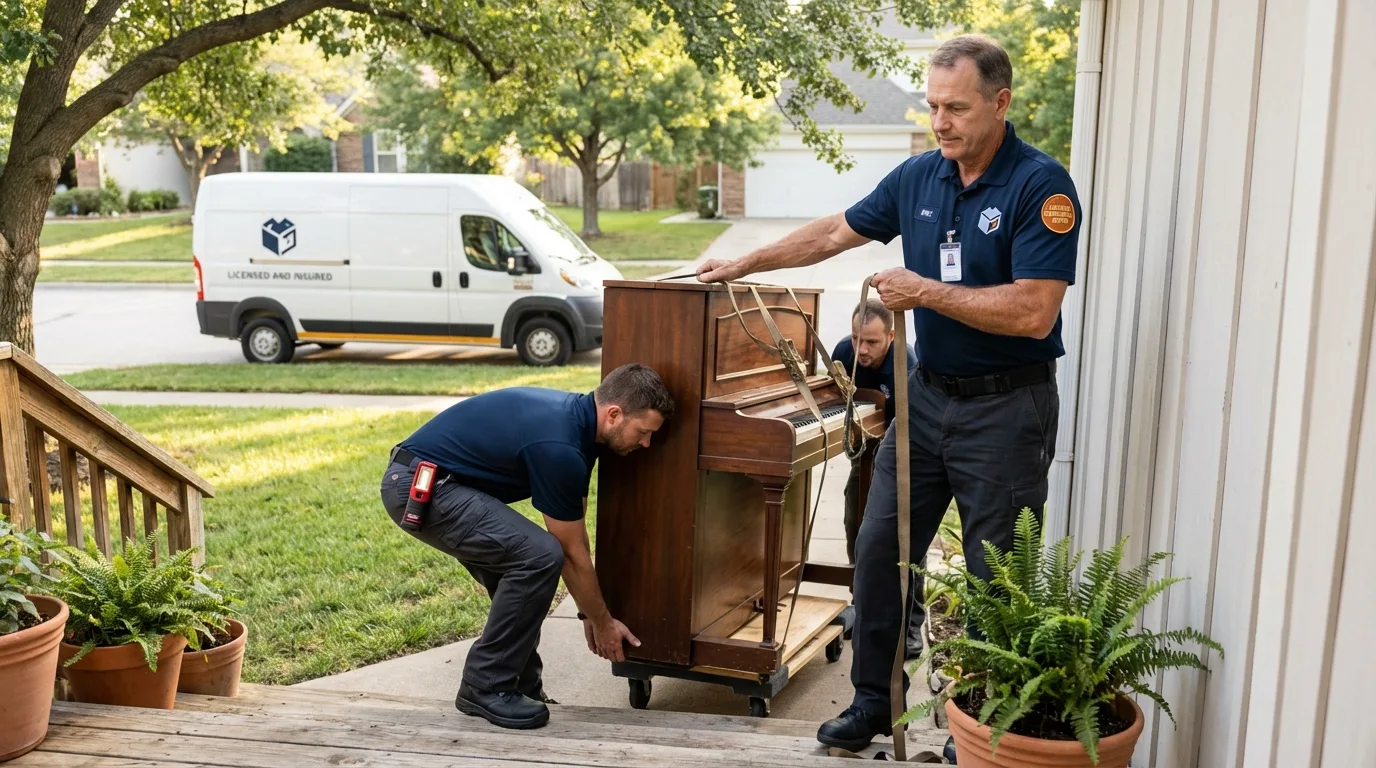 Licensed piano movers securing grand piano in Hinesburg, VT