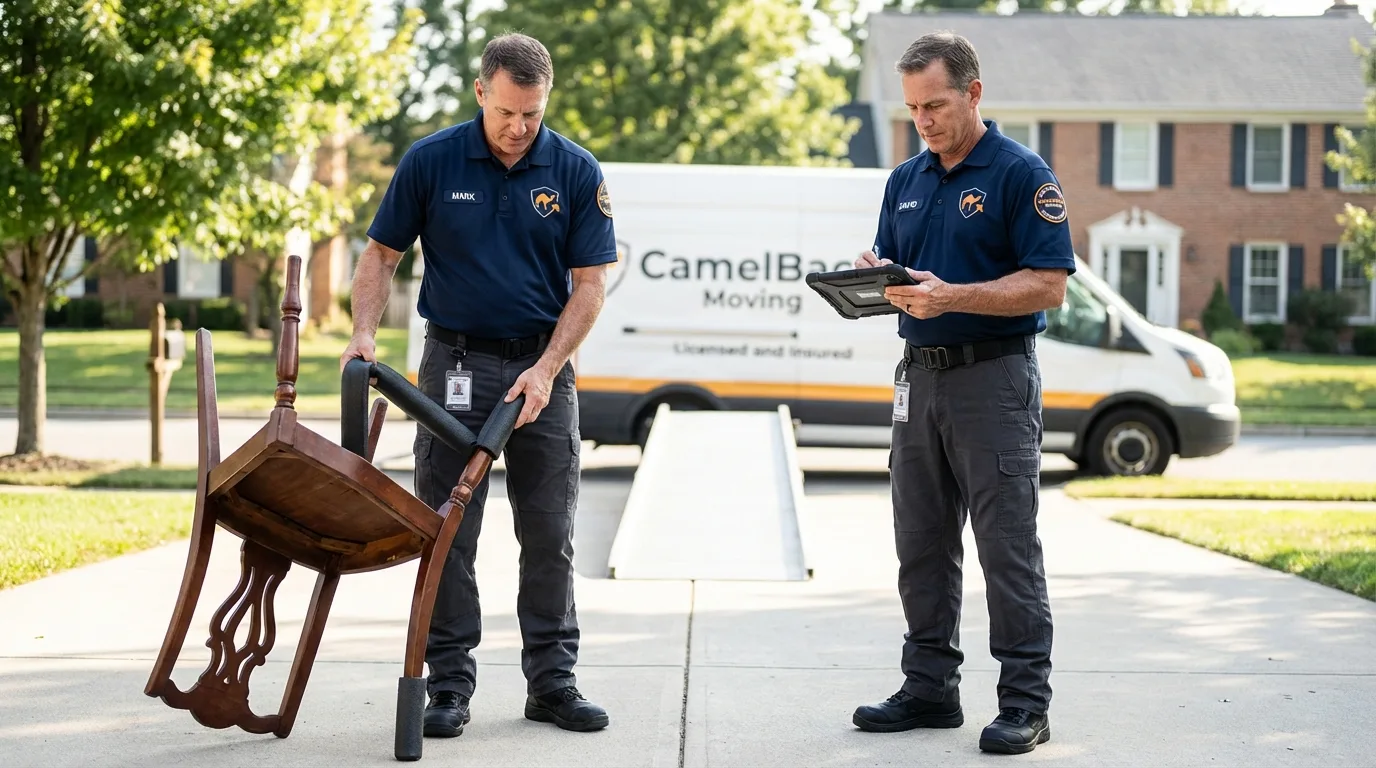 Movers inspecting furniture for damage prevention before loading in Hinesburg, VT