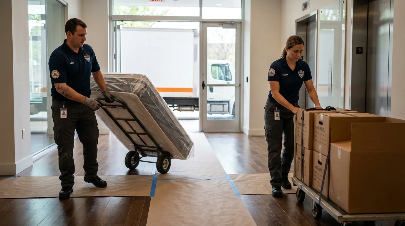 Professional apartment movers loading elevator in Hinesburg, VT
