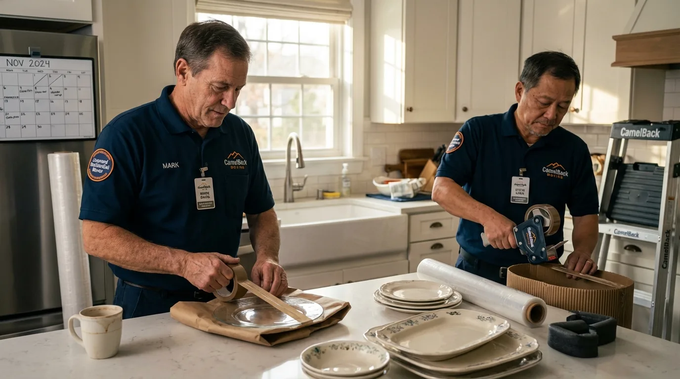 Professional crew packing kitchen dishware in Hinesburg, VT